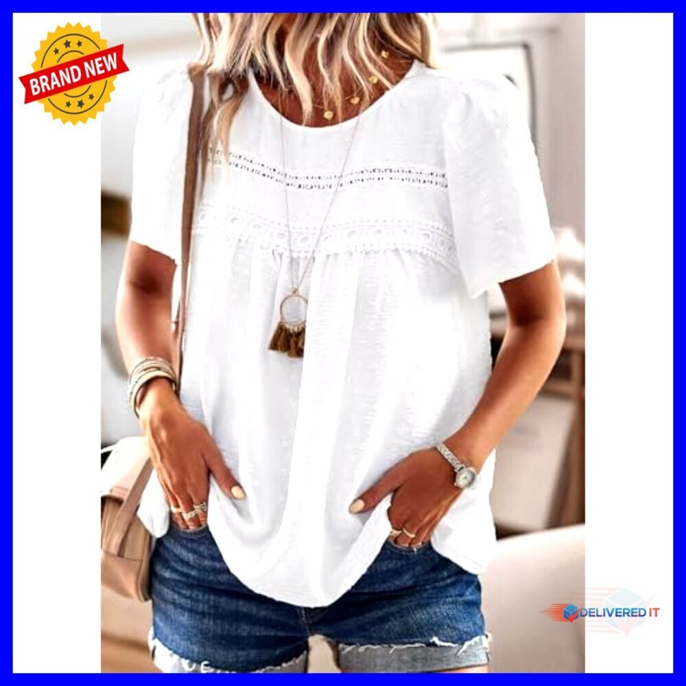 Short Sleeve Crewneck Blouse with Lace Hem, Chiffon Fabric, Boho Style - Picture 4 of 7